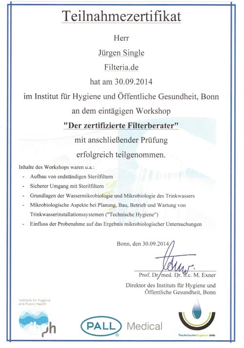 Zertifikat der Universität Bonn für Filteria.de